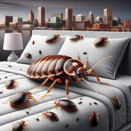 Illustrative graphic by queen 'b' pest services depicting bed bugs on bedding with baltimore cityscape, for bed bug awareness and control.