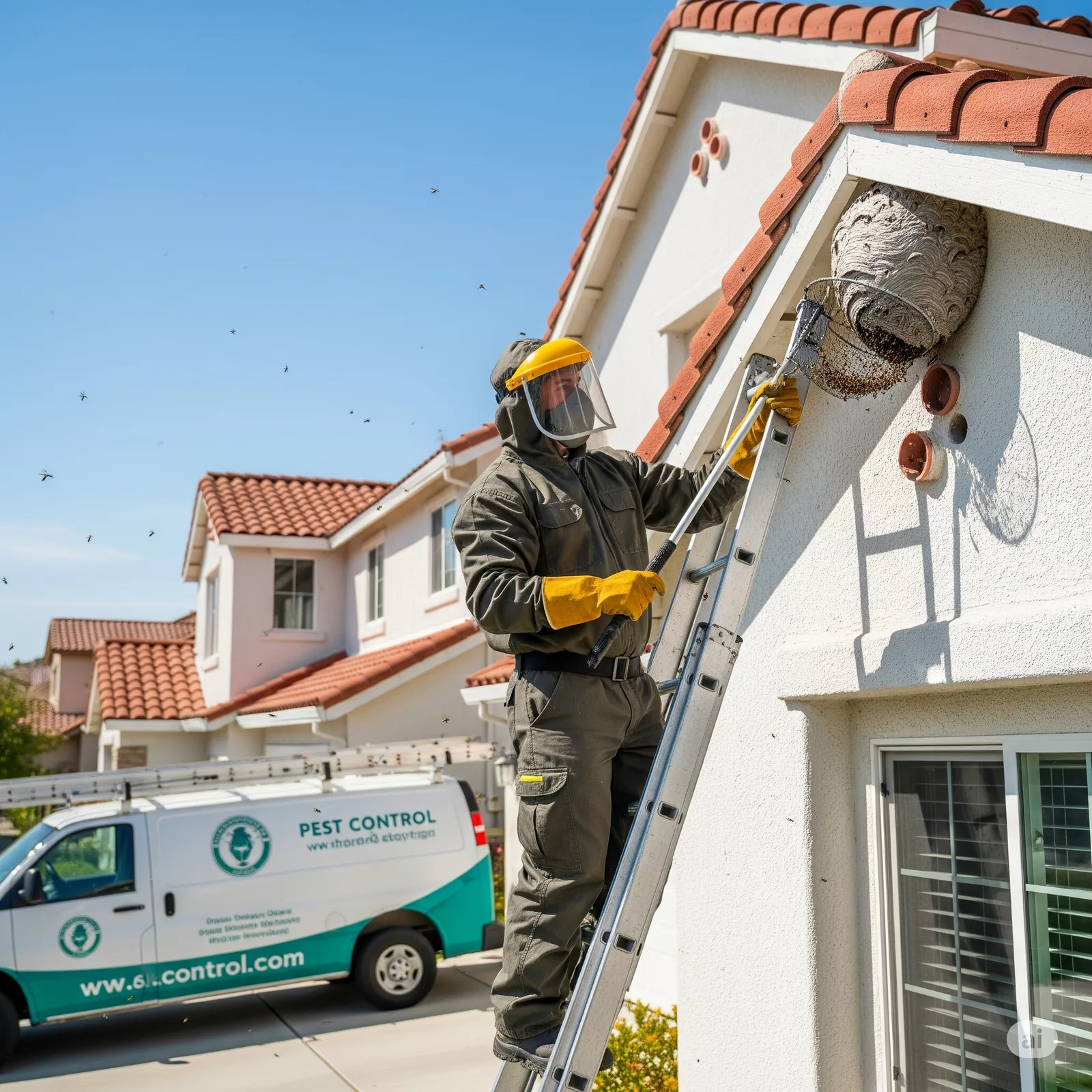 Technician removing wasp nest